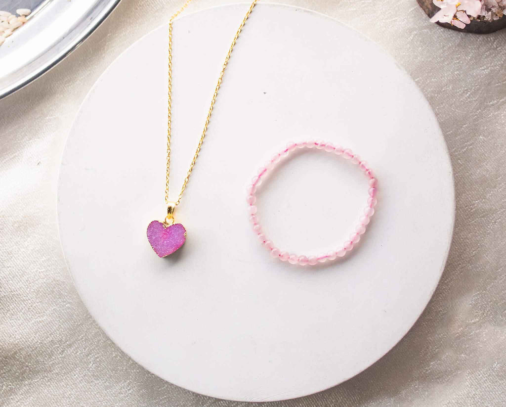 rose aquartz bracelet and pink druzy pendant gift hamper