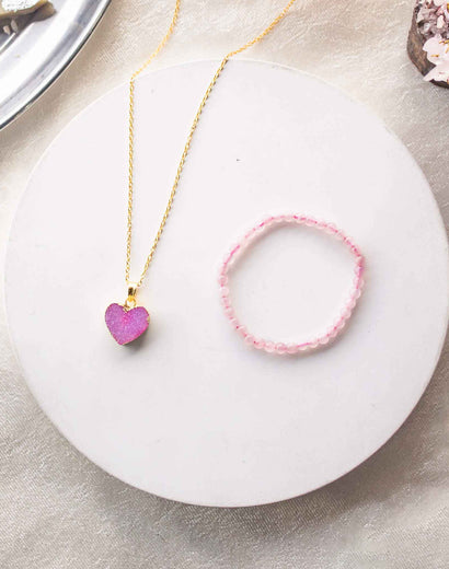 rose aquartz bracelet and pink druzy pendant gift hamper