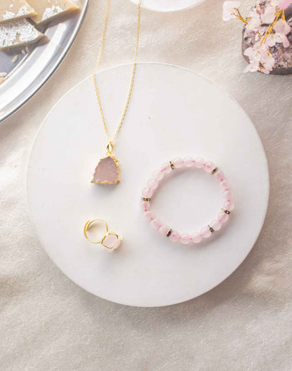 rose quartz bracelet, rose quartz ring and rose quartz pendant rakhi gift hamper for sister
