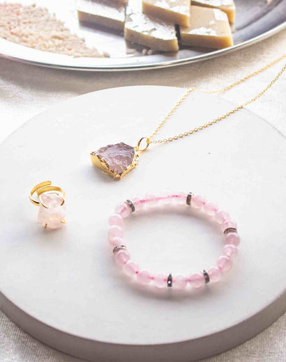 rose quartz bracelet, rose quartz ring and rose quartz pendant hamper for sister