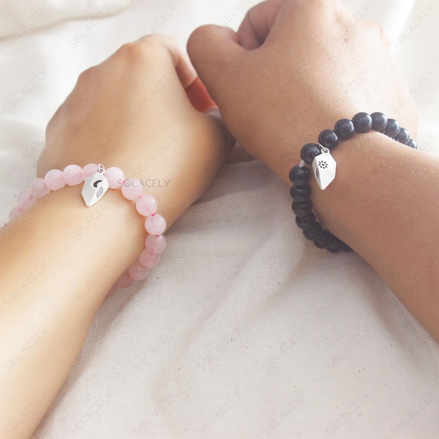 rose quartz and black tourmaline couple bracelet