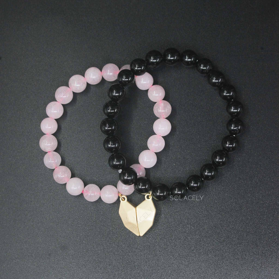 rose quartz and black tourmaline couple bracelet