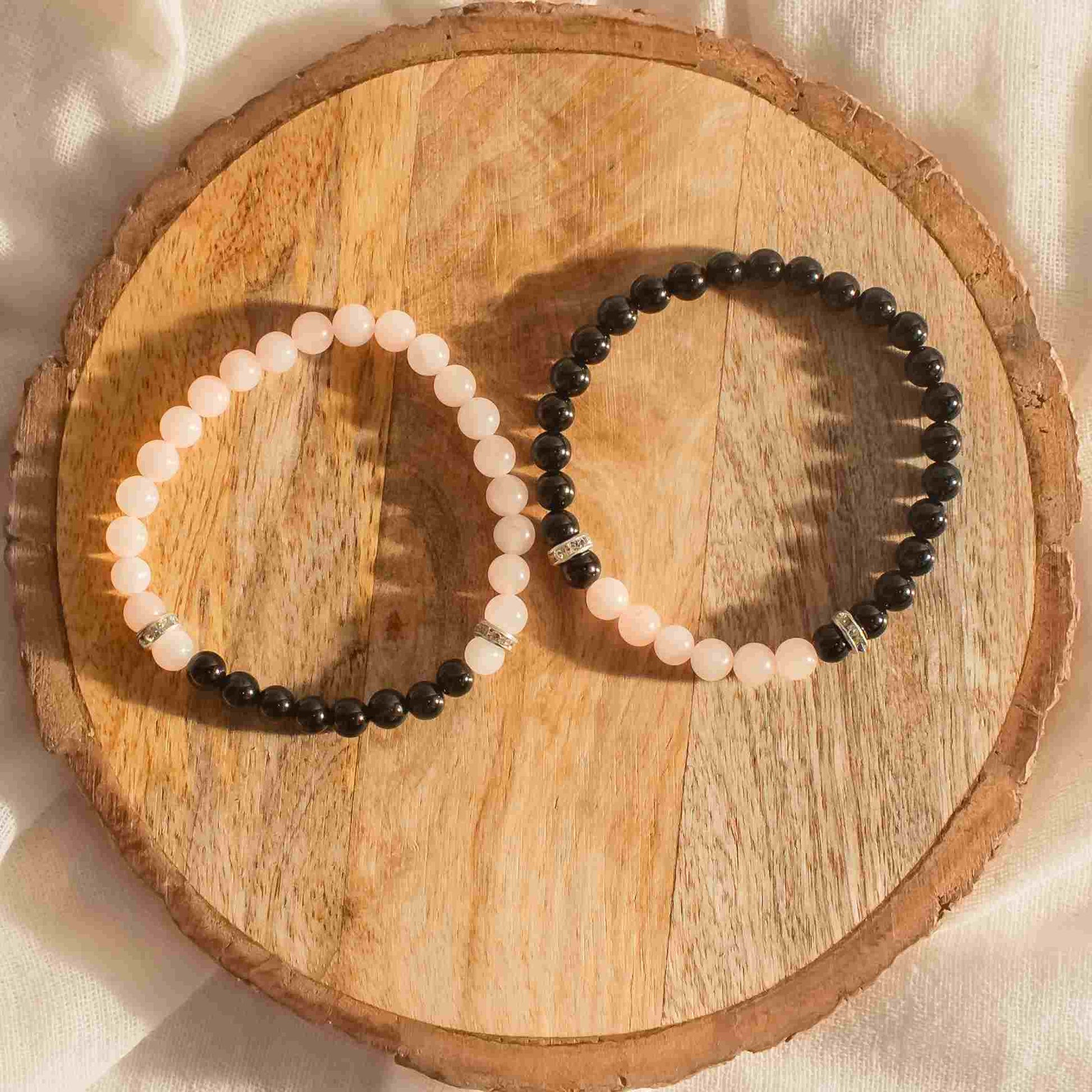 black tourmaline and rose quartz 6mm bracelets for couple
