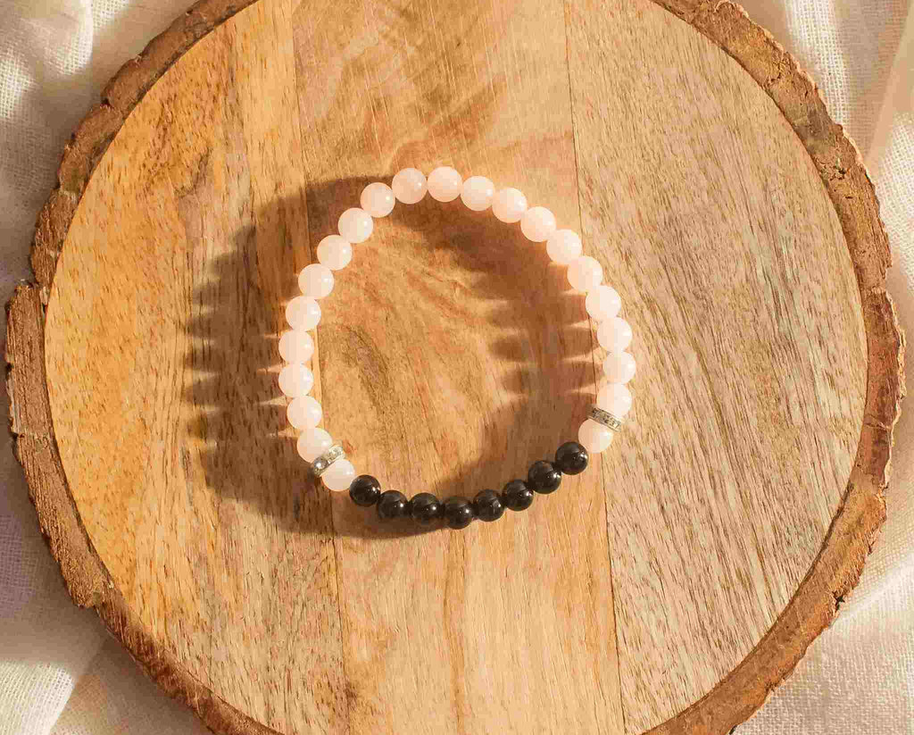 rose-quartz-and-black-tourmaline--couple-bracelet 6mm beads with charm