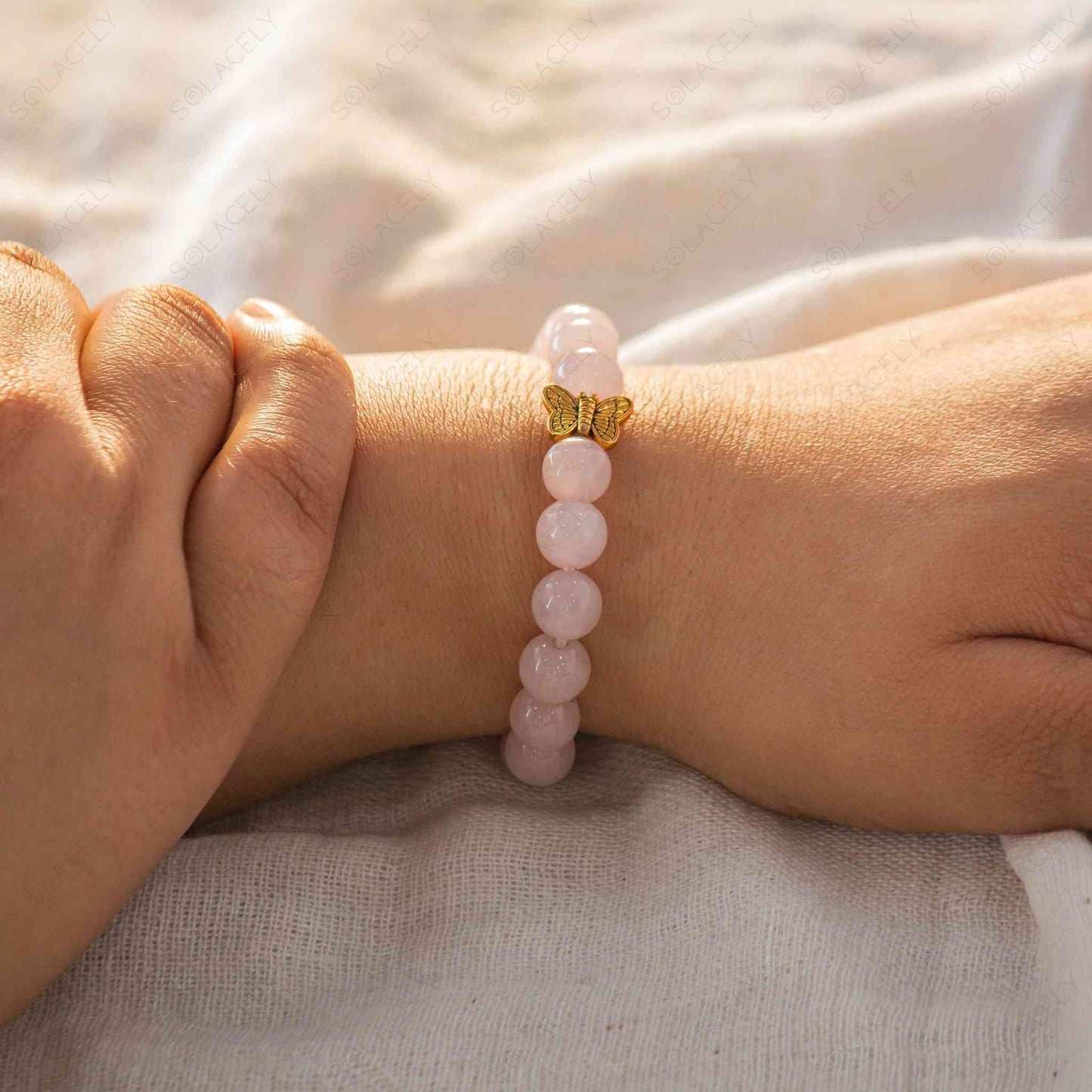 Butterfly Charm Rose Quartz Bracelet 8mm