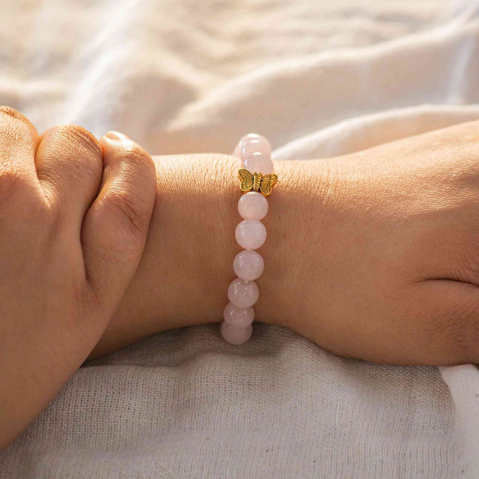 Butterfly Charm Rose Quartz Bracelet 8mm