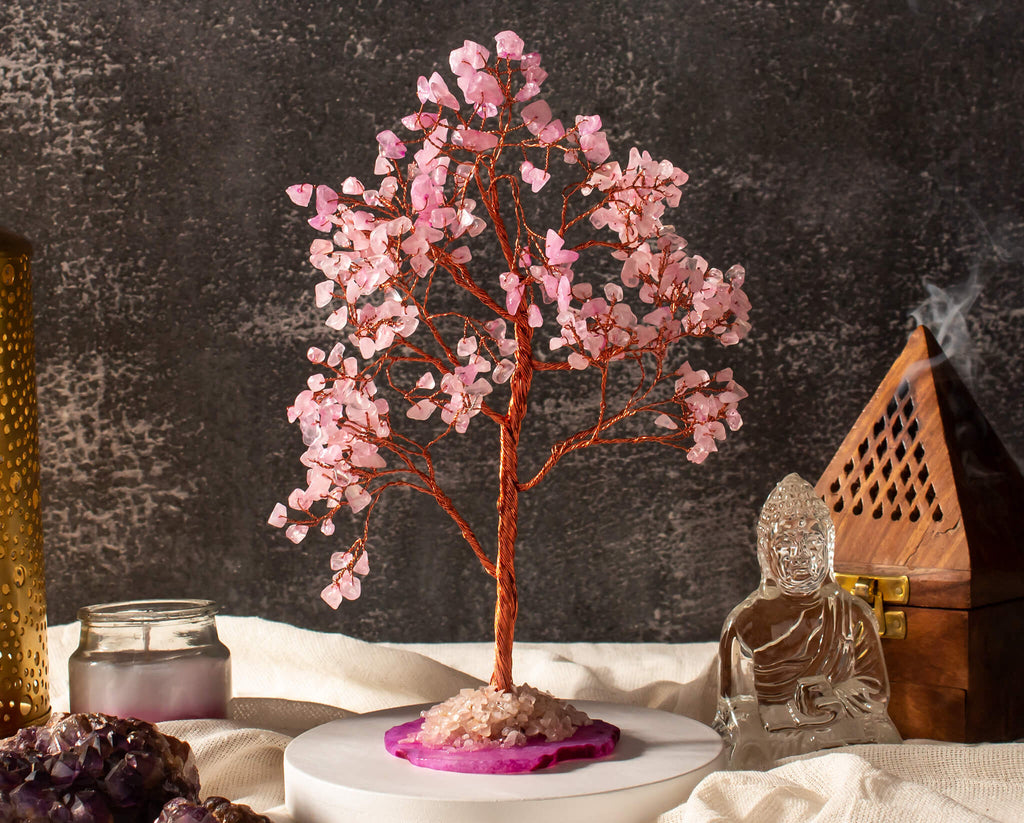 Rose Quartz crystal tree with agate base