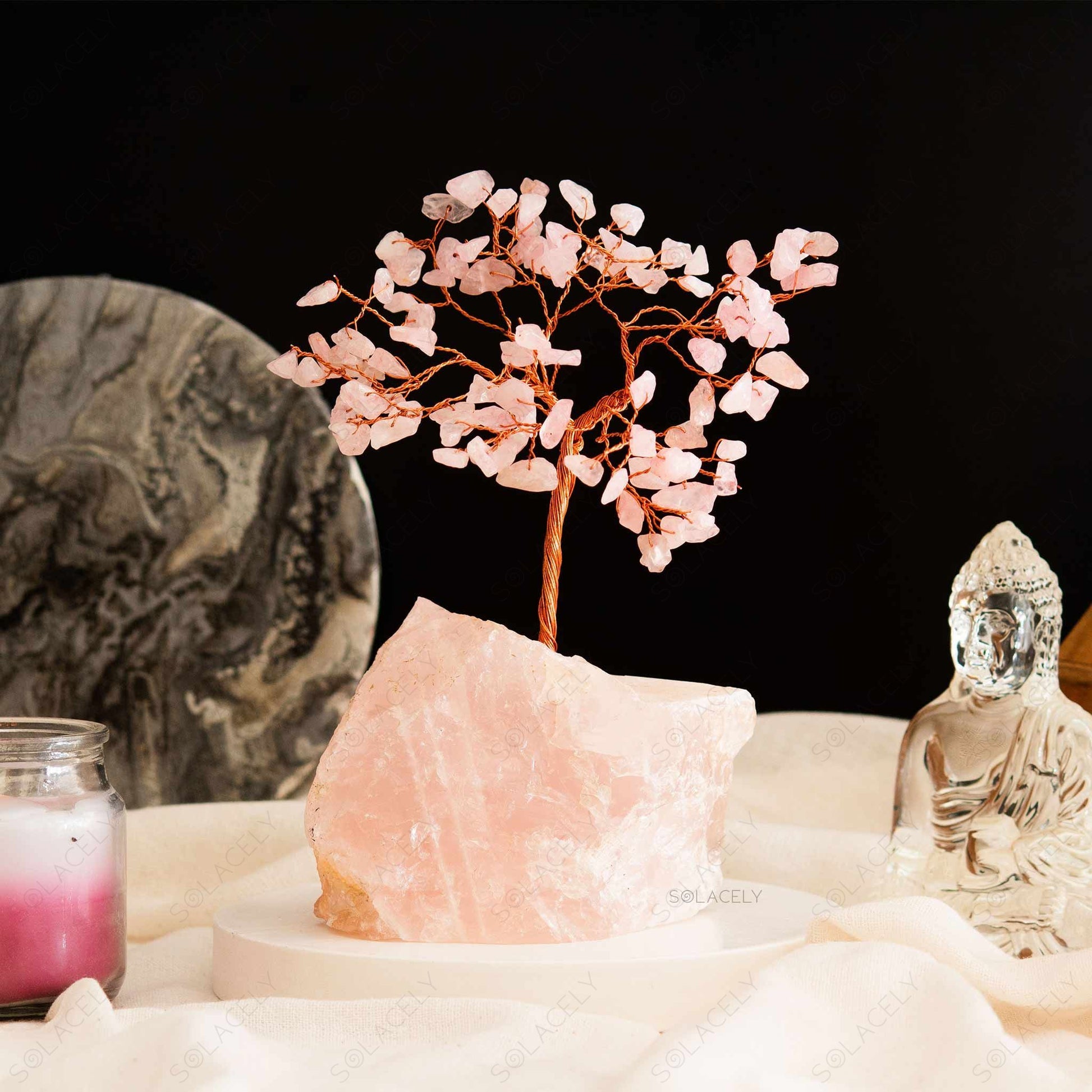 rose quartz crystal tree and base