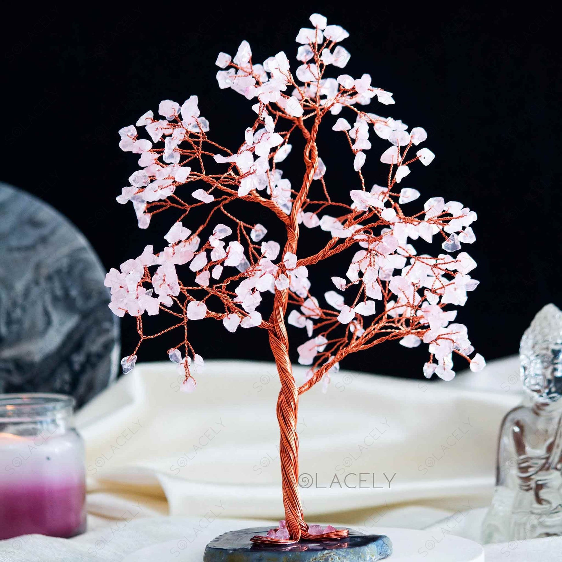 rose quartz crystal tree with agate base