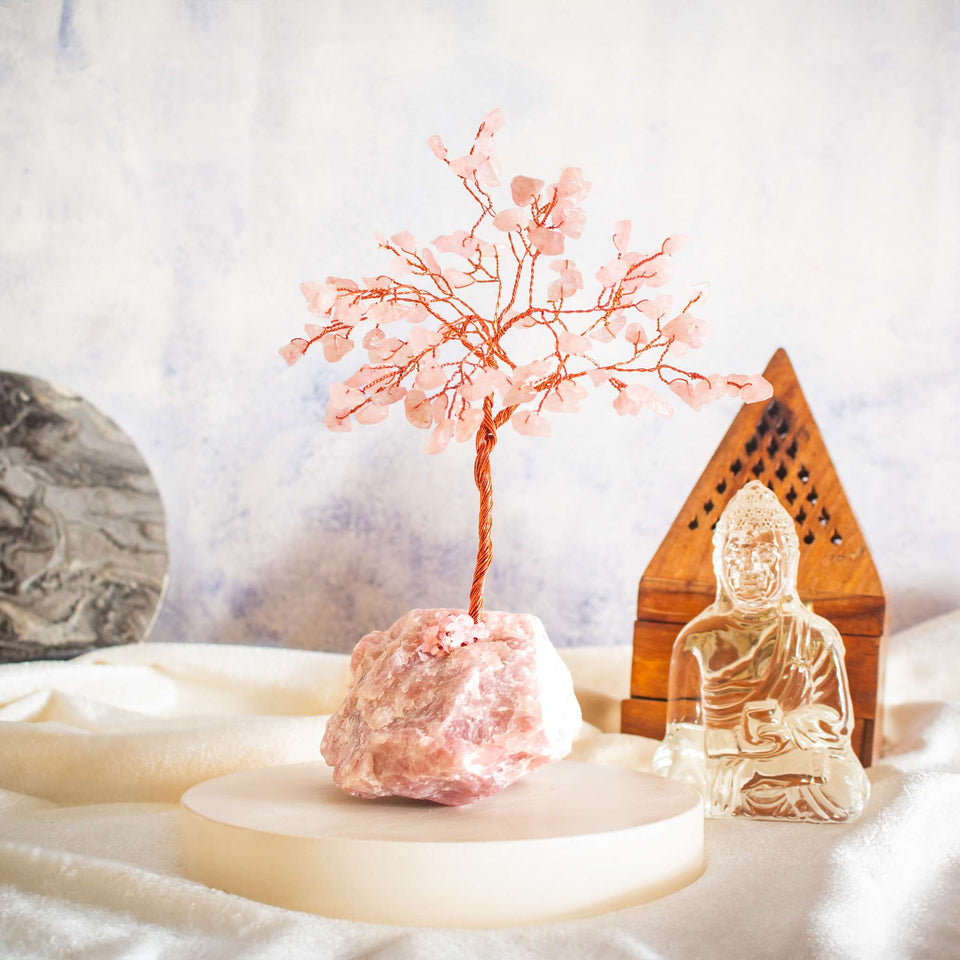 rose quartz crystal tree with rose quartz base