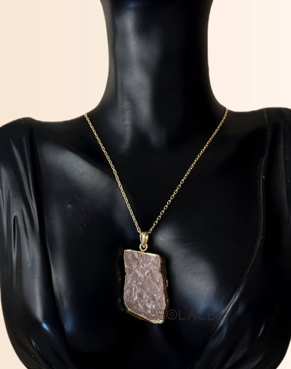Raw Rose Quartz Pendant Electroplated with Chain - Golden