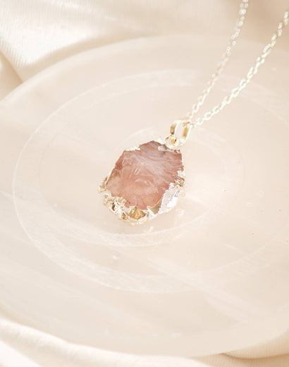 Raw Rose Quartz Pendant Electroplated with Chain - Silver