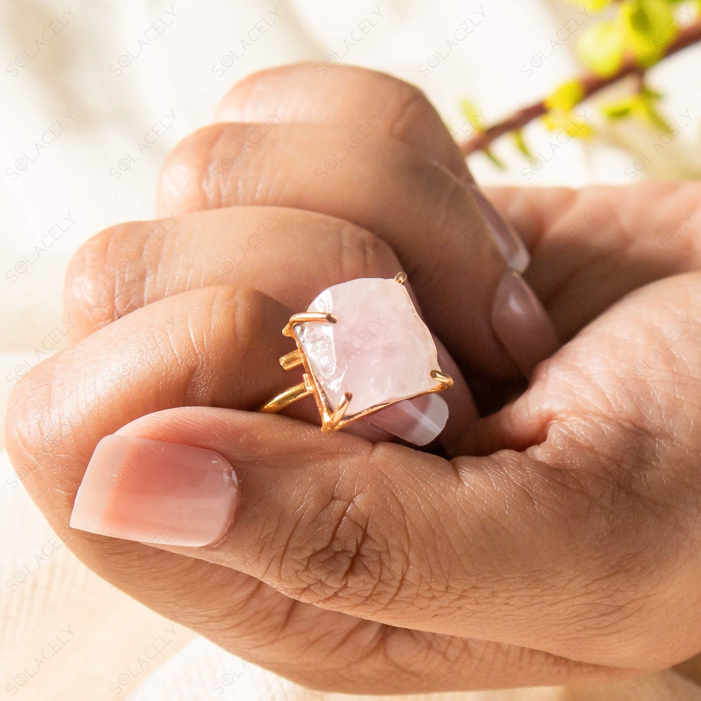 raw rose quartz ring