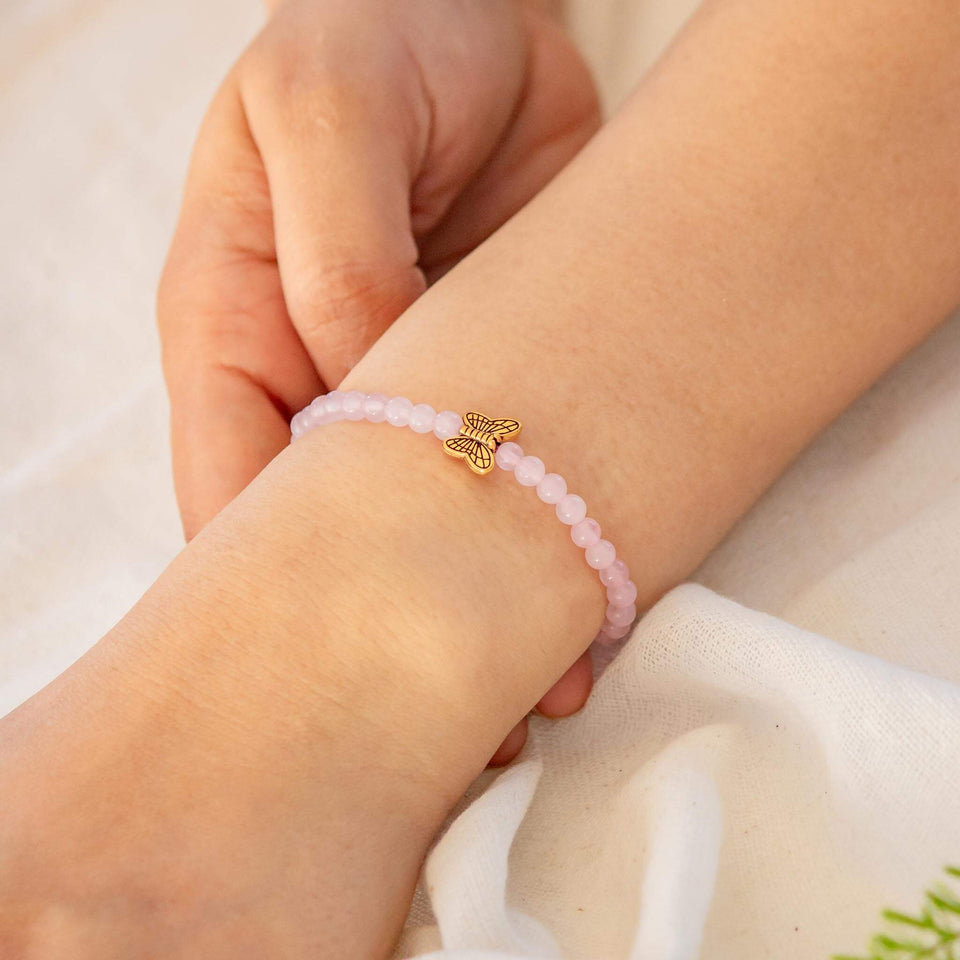 rose quartz bracelet 4mm butterfly charm 