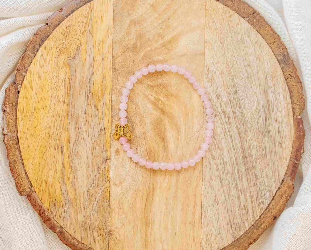 rose quartz bracelet 4mm with butterfly charm 