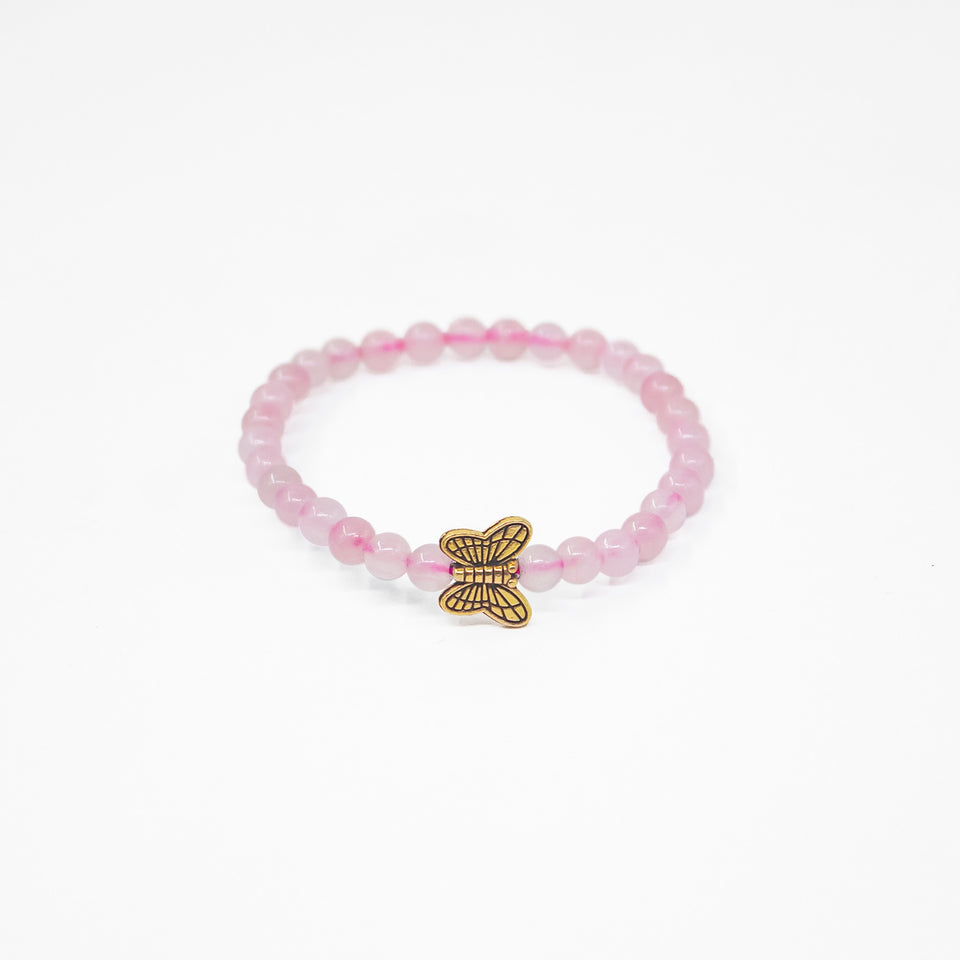 Rose Quartz Bracelet 4mm Beads With Butterfly Charm