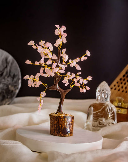 Rose Quartz Crystal Tree of Life Small with Wooden Base