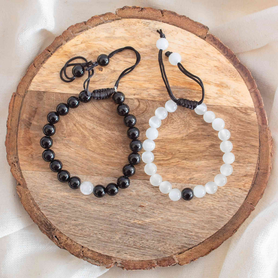 selenite and black tourmaline couple bracelet