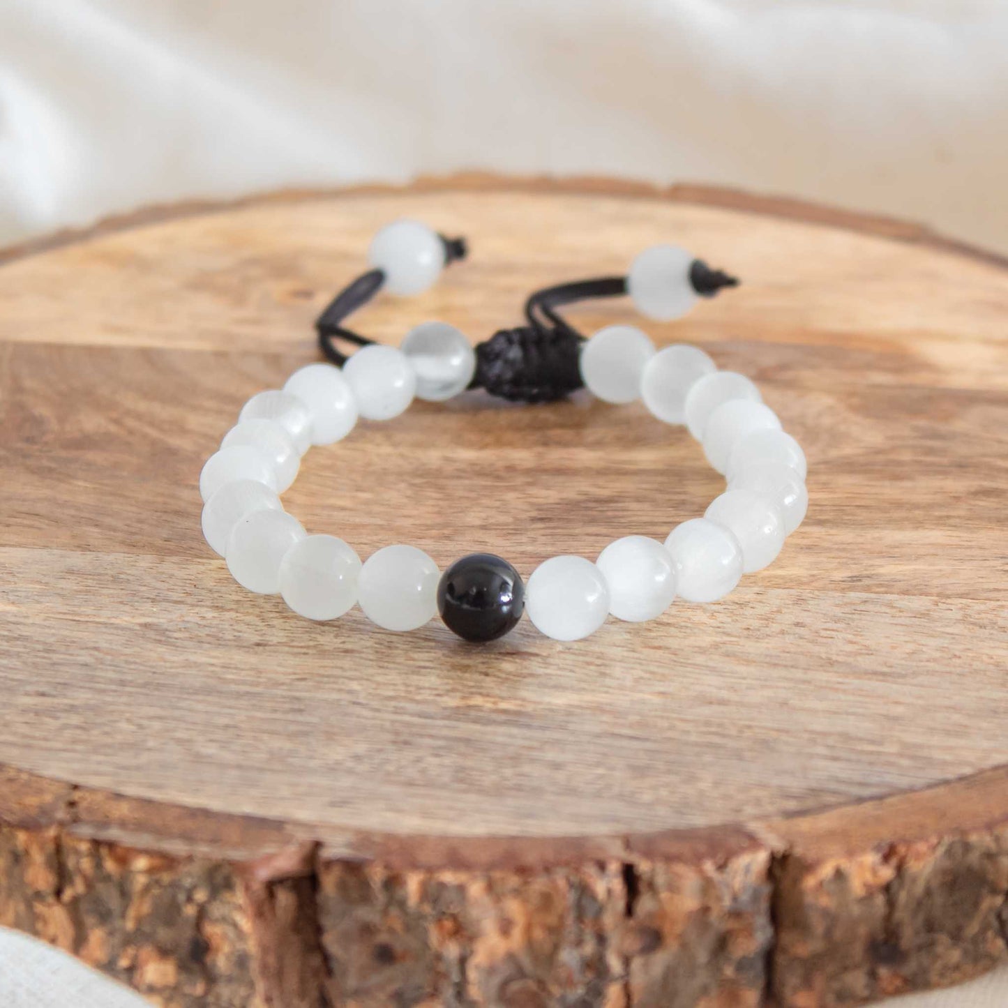 selenite and black tourmaline couple bracelet for stress relief