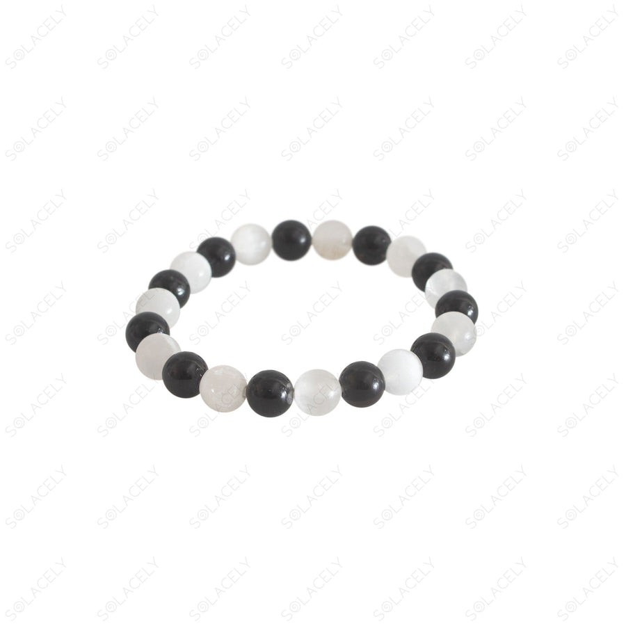 selenite black tourmaline bracelet beads detail