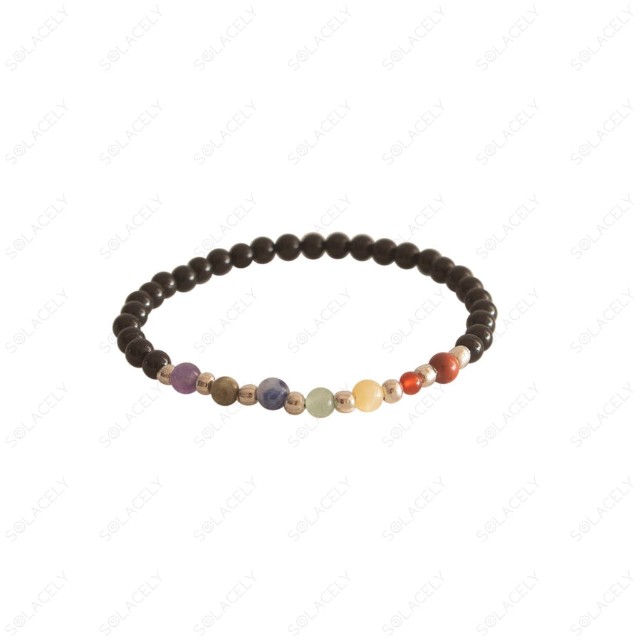 seven chakra and black tourmaline 4mm bead bracelet