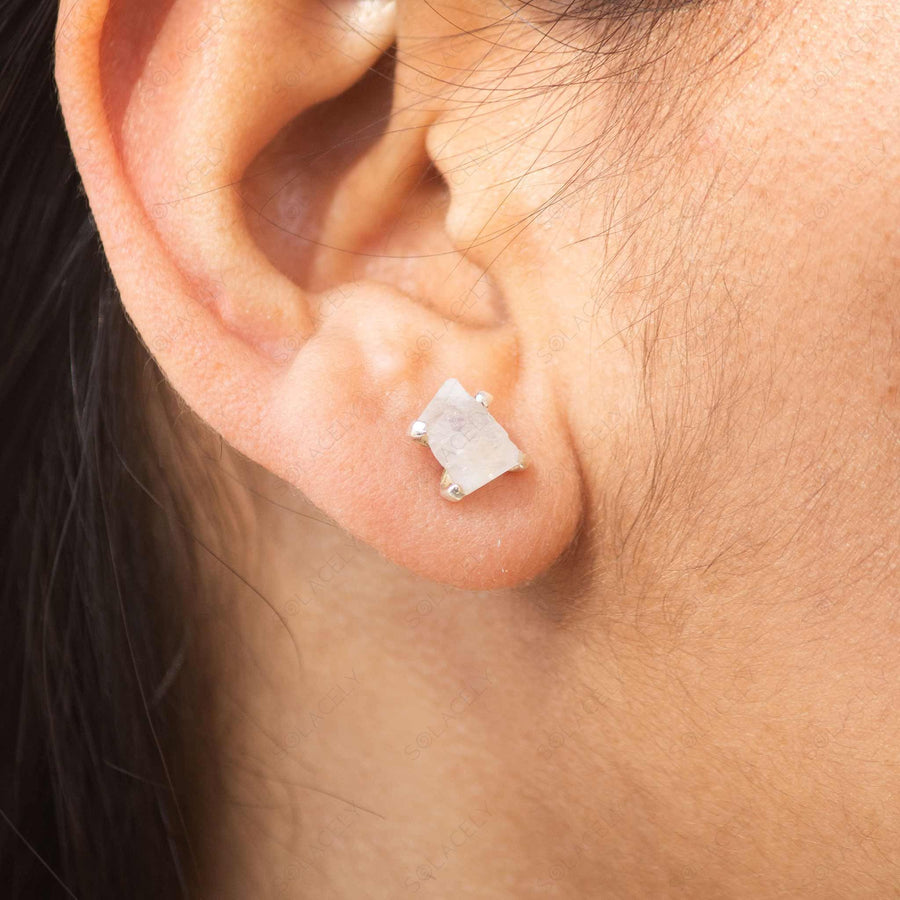 silver earrings with raw moonstone