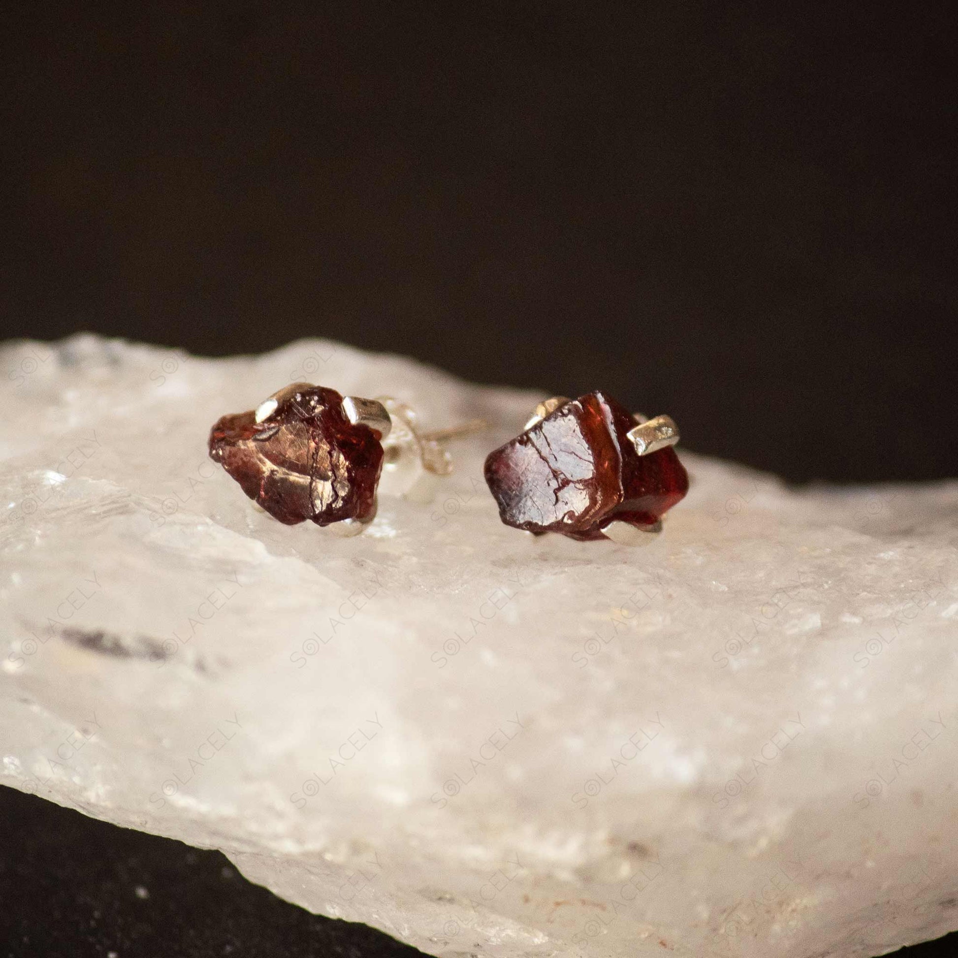 sterling earrings with raw red garnet