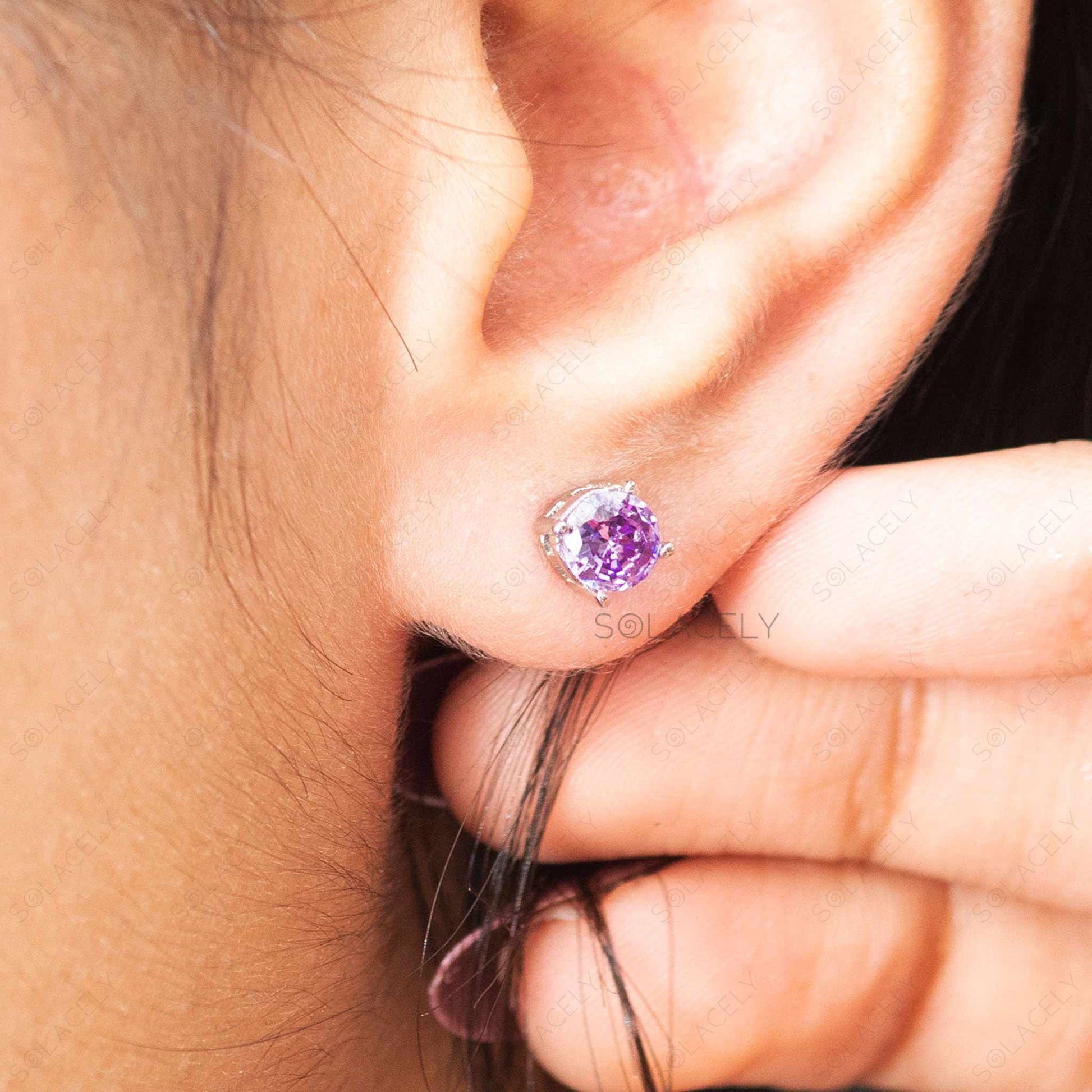 sterling silver amethyst stud earrings with rhodium plating