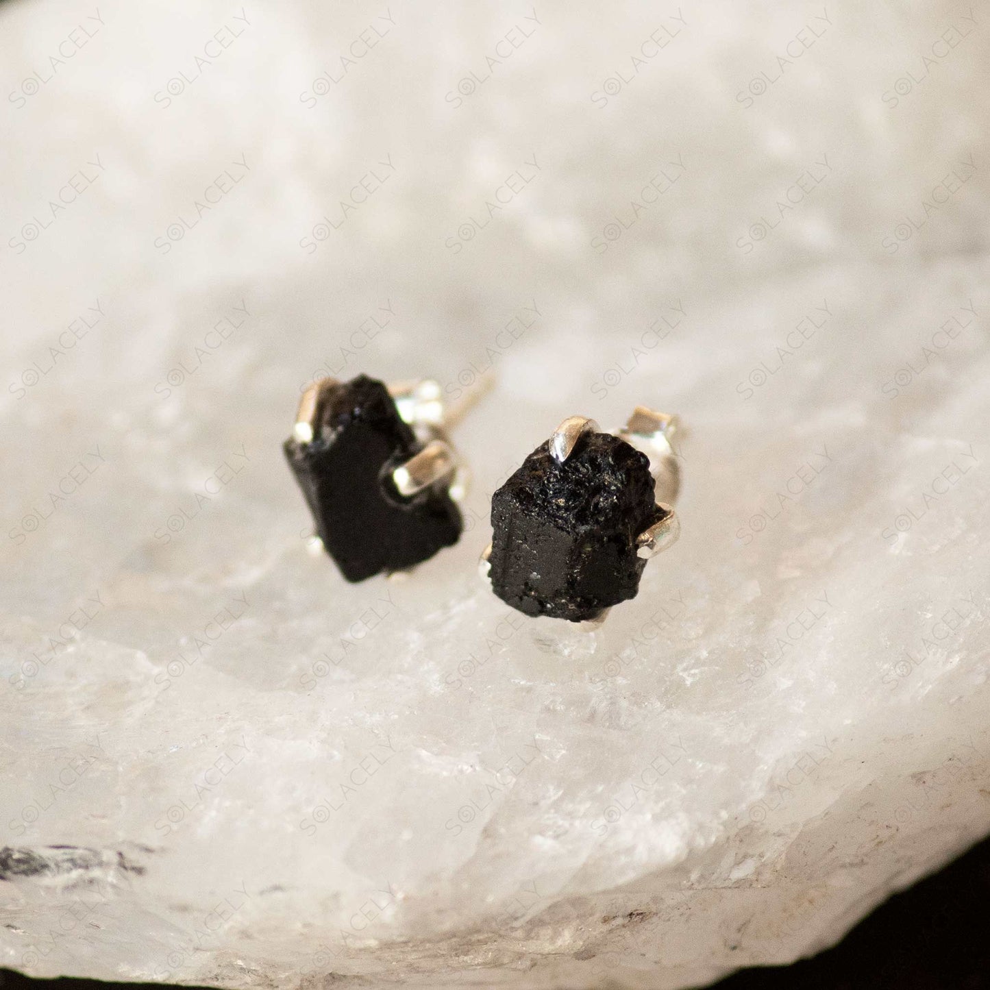 sterling silver raw black tourmaline earrings