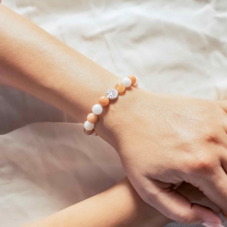 sunstone and moonstone 8mm beads bracelet with tree of life charm