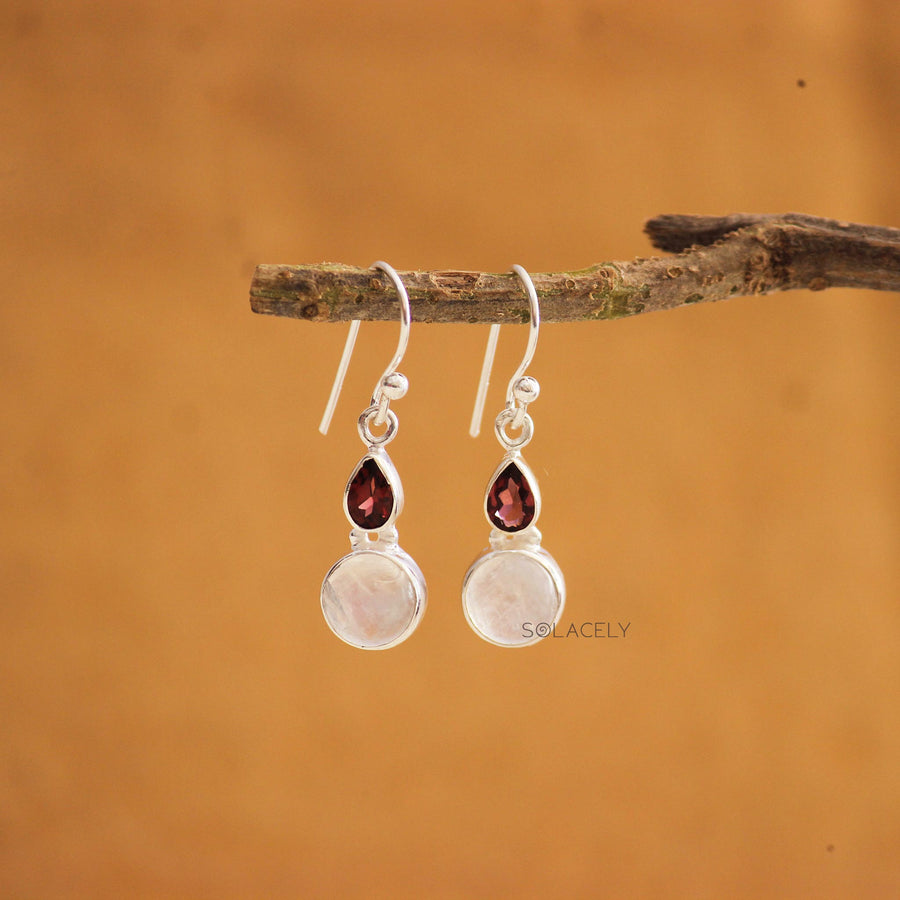 tear drop red garnet silver earrings