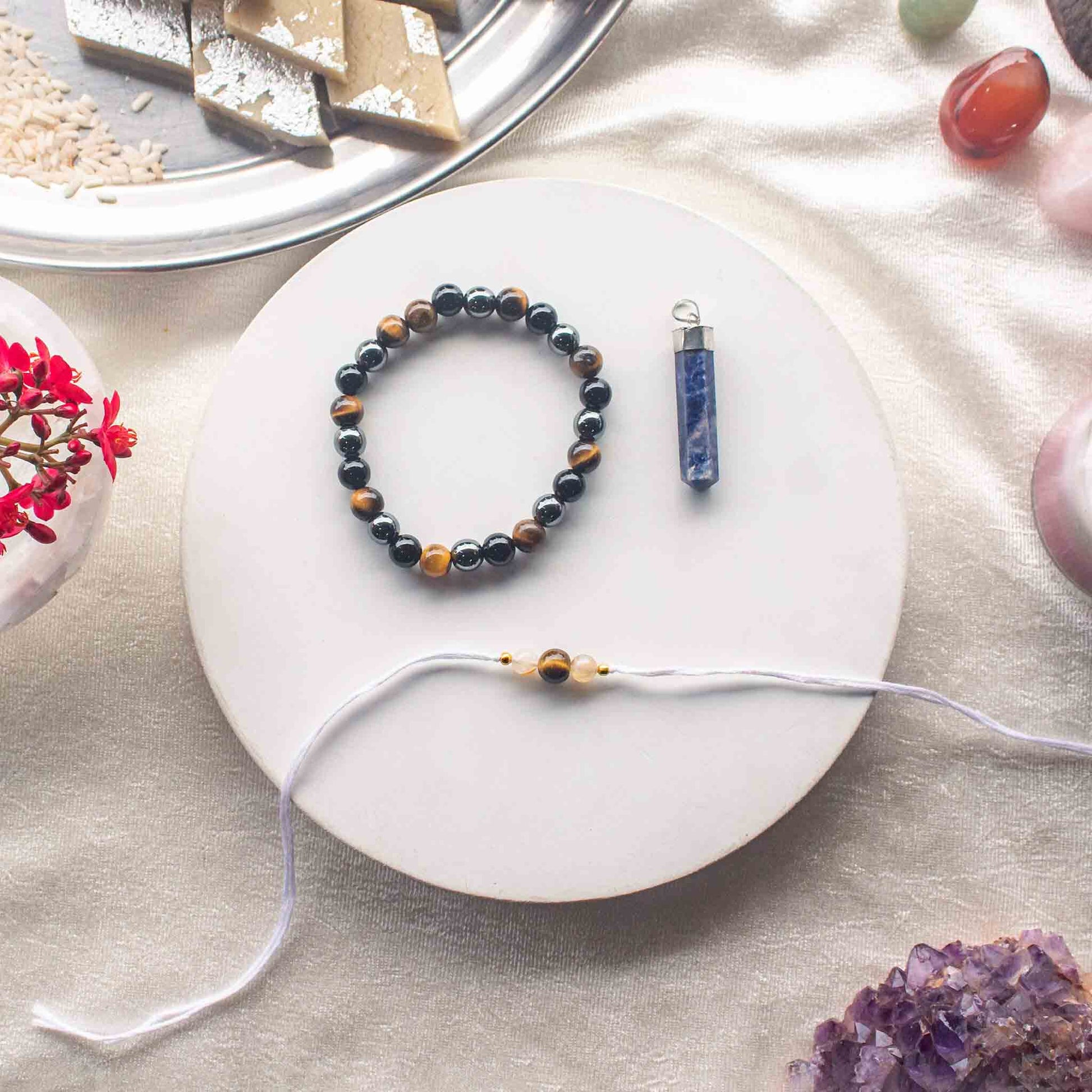 rakhi gifts for brother with protection bracelet, lapis lazuli pendant and tigers eye rakhi