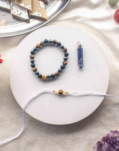 rakhi gifts for brother with protection bracelet, lapis lazuli pendant and tigers eye rakhi