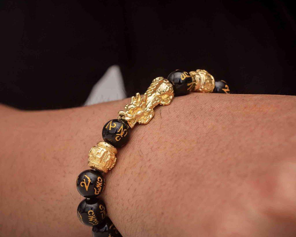Buy PAIXON Feng Shui Black Obsidian PixiuOm mani Bracelet Wealth Good Luck  Dragon with Double Gold Plated Pi XiuPi Yao Attract Luck and Wealth 12  Beads at Amazonin